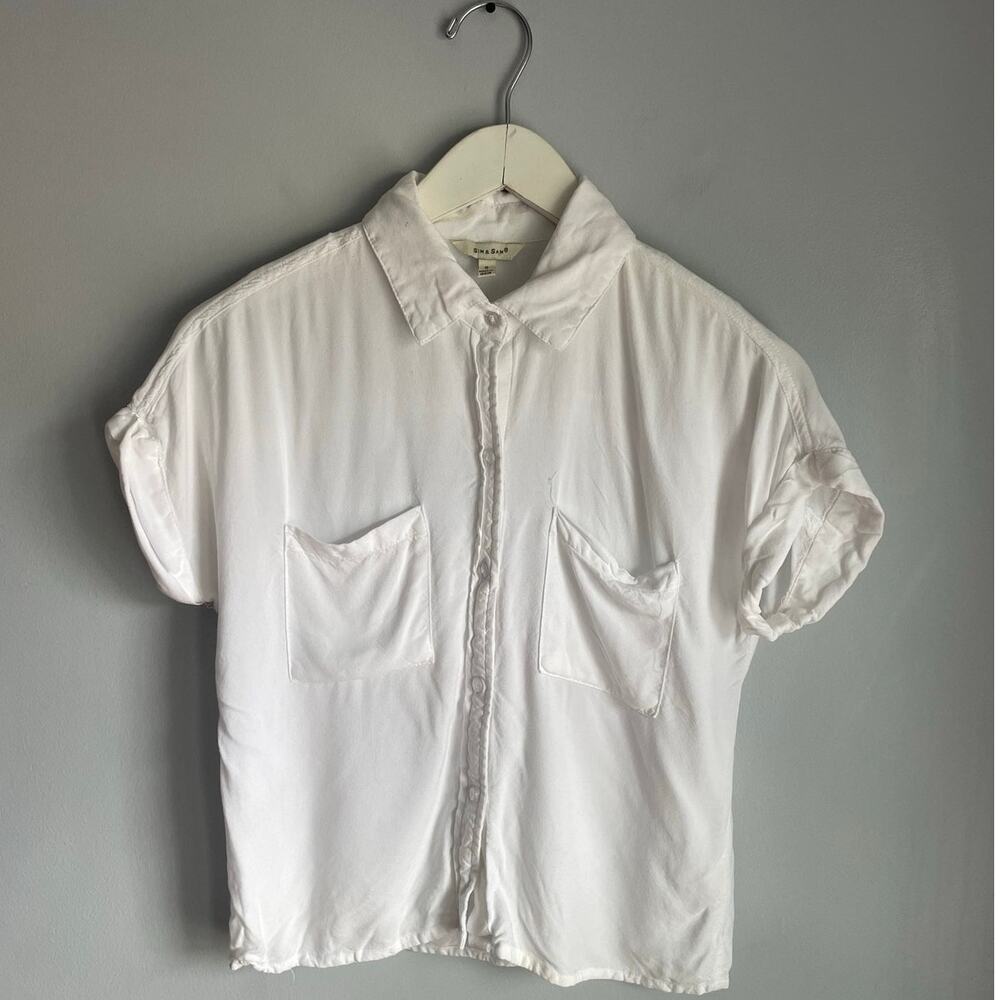 Sim & Sam White‎ Cream Rayon Short Sleeve Peter Pan Collar Button Down Blouse S